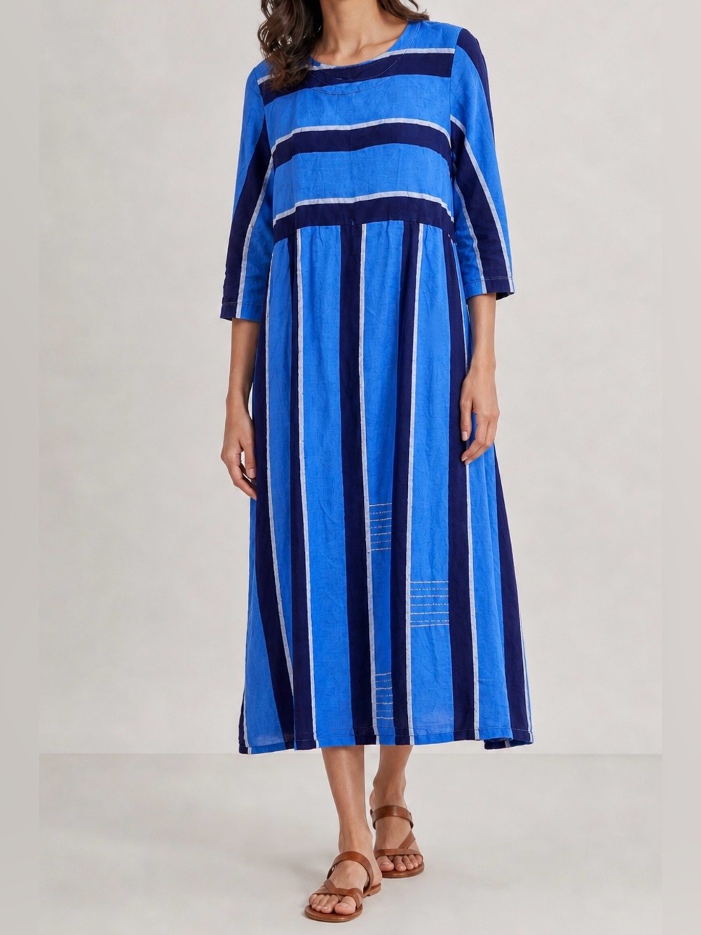 Marketplace India Dress Midi Maxi Boho Embroidered Blue Stripes Summer Small